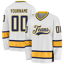 Load image into Gallery viewer, Custom White Navy-Gold Hockey Jersey

