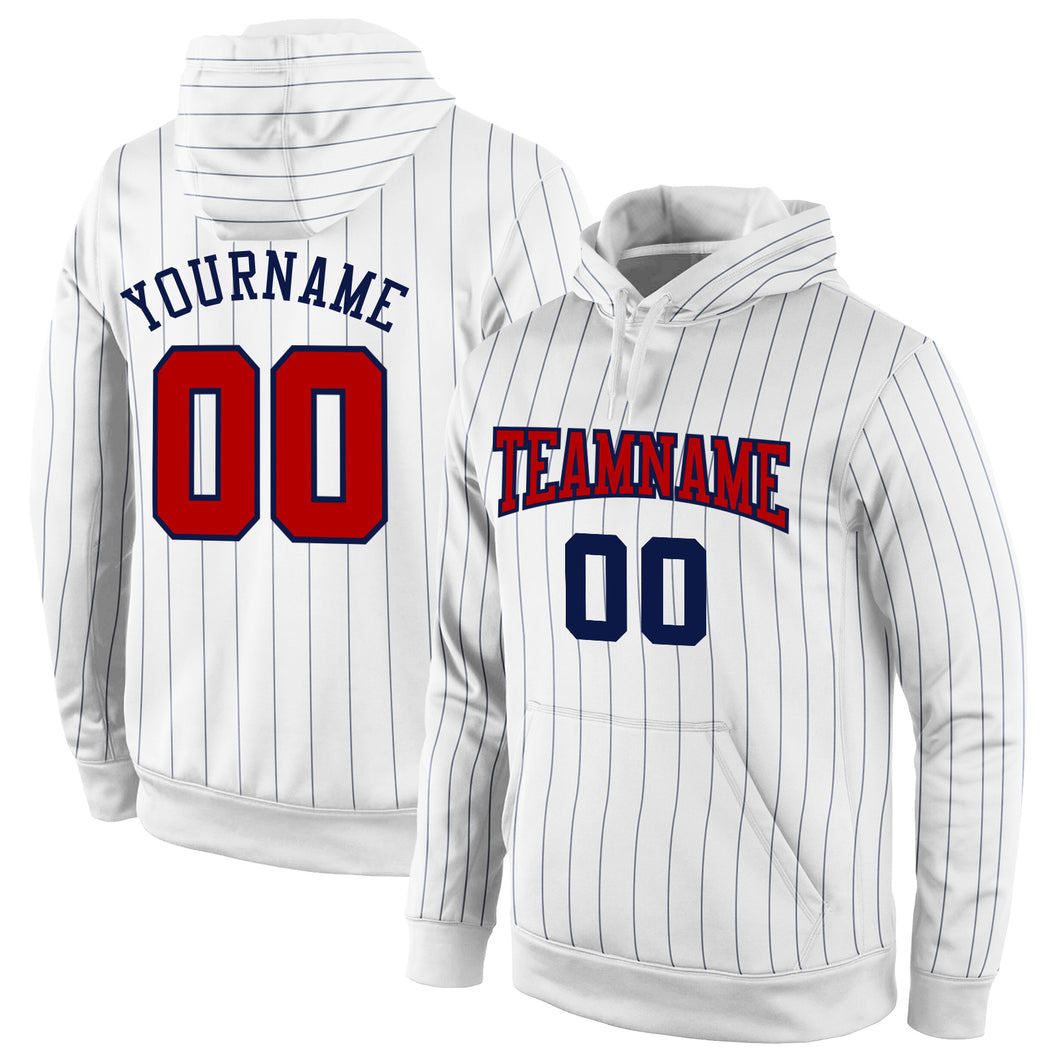 Custom Stitched White Navy Pinstripe Red-Navy Sports Pullover Sweatshirt Hoodie