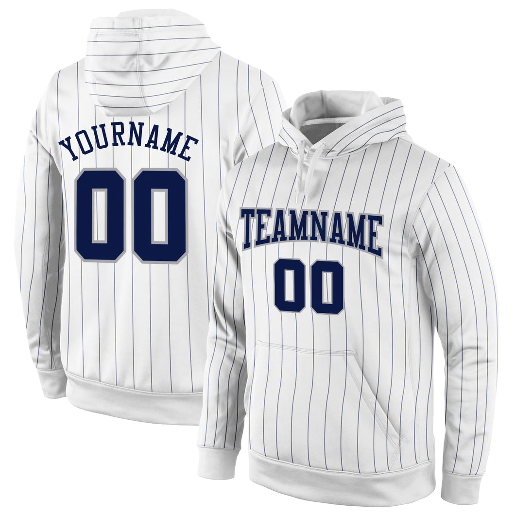 Custom Stitched White Navy Pinstripe Navy-Gray Sports Pullover Sweatshirt Hoodie