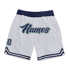 Load image into Gallery viewer, Custom White Navy-Hunter Green Authentic Throwback Basketball Shorts
