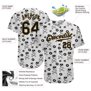 Custom White Black-Old Gold 3D Skull Fashion Authentic Baseball Jersey