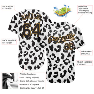 Custom White Black-Old Gold 3D Pattern Design Leopard Authentic Baseball Jersey