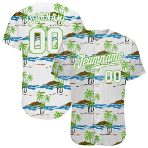 Custom White White-Neon Green 3D Pattern Design Beaches Authentic Baseball Jersey