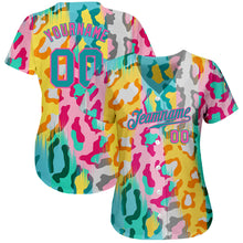 Load image into Gallery viewer, Custom White Teal-Pink 3D Pattern Design Leopard Authentic Baseball Jersey
