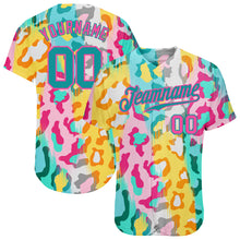 Load image into Gallery viewer, Custom White Teal-Pink 3D Pattern Design Leopard Authentic Baseball Jersey
