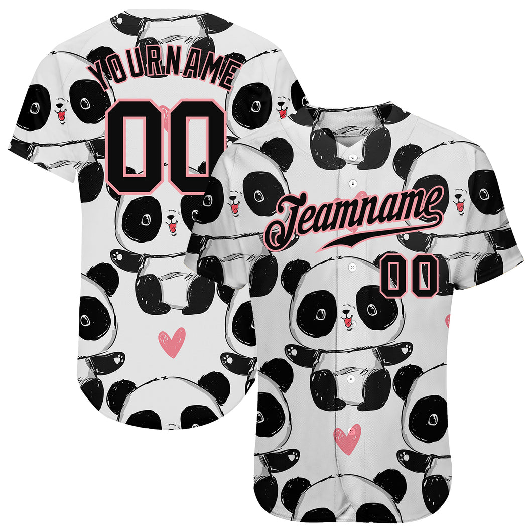 Custom White Black-Medium Pink 3D Pattern Design Pandas Authentic Baseball Jersey