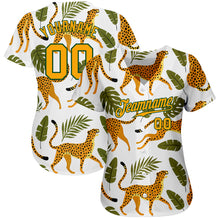 Load image into Gallery viewer, Custom White Gold-Green 3D Pattern Design Leopards And Tropical Palm Leaves Authentic Baseball Jersey

