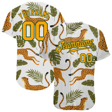 Load image into Gallery viewer, Custom White Gold-Green 3D Pattern Design Leopards And Tropical Palm Leaves Authentic Baseball Jersey
