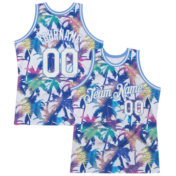 Custom White White-Light Blue 3D Pattern Hawaii Palm Trees Authentic Basketball Jersey