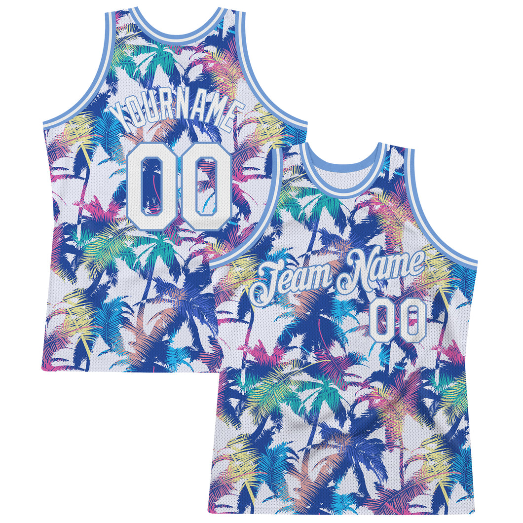 Custom White White-Light Blue 3D Pattern Hawaii Palm Trees Authentic Basketball Jersey